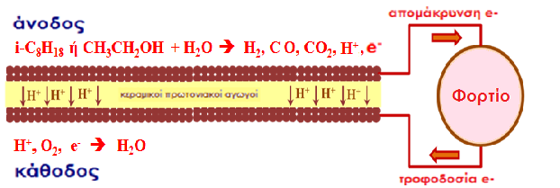 Λειτουργία κυψελών καυσίμου Σροφοδοσία i-c 8 H 18 και Βιο-Αιθανόλης Κυψέλη Καυσίμου άνοδος: C x H y + 2xH 2 O (y +2x)H + + xco 2 + (y+2x)e - Τδρογονάνθρακα κάθοδος: (y+2x)h + + (y+2x)/4o 2 + (y+2x)e