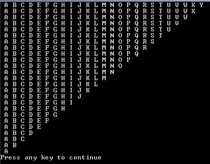 196 Bazat e programimit në C++ Fig.5.12 Rezultati i programit for14 Me program është paraparë që pranë çdo shkronje të shtypet edhe kodi përkatës. Kështu, p.sh., shkronjës A si kod i është shoqëruar numri 65 (p.