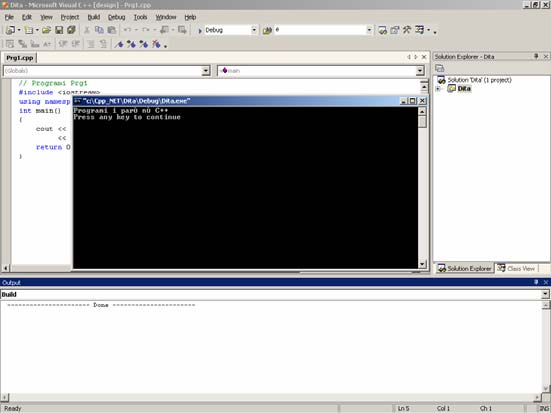 14 Bazat e programimit në C++ Në pjesën vijuese të këtij teksti, për krijimin e fajllit ekzekutiv, në menynë rënëse të opcionit Build do të shfrytëzohet nënopcioni Build Solution, direkt, ose përmes