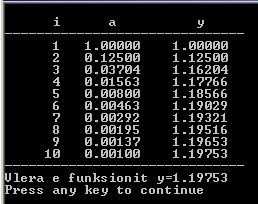 266 Bazat e programimit në C++ while (i<=9999) a=1/pow(i,3); if (a<e) goto Dalja; y=y+a; cout << setw(7) << i << setw(10) << a << setw(11) << y i++; Dalja: cout << V cout << "Vlera e funksionit y="