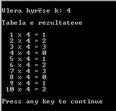 56 Bazat e programimit në C++ Nëse pas ekzekutimit të programit, për variablën k kompjuterit i jepet vlera 4, rezultati që paraqitet në ekran do të duket si në Fig.2.