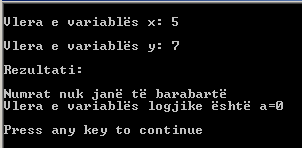 64 Bazat e programimit në C++ kompjuterit i jepen vlerat hyrëse x=5 dhe y=7, rezultati në ekran do të duket si në Fig.2.