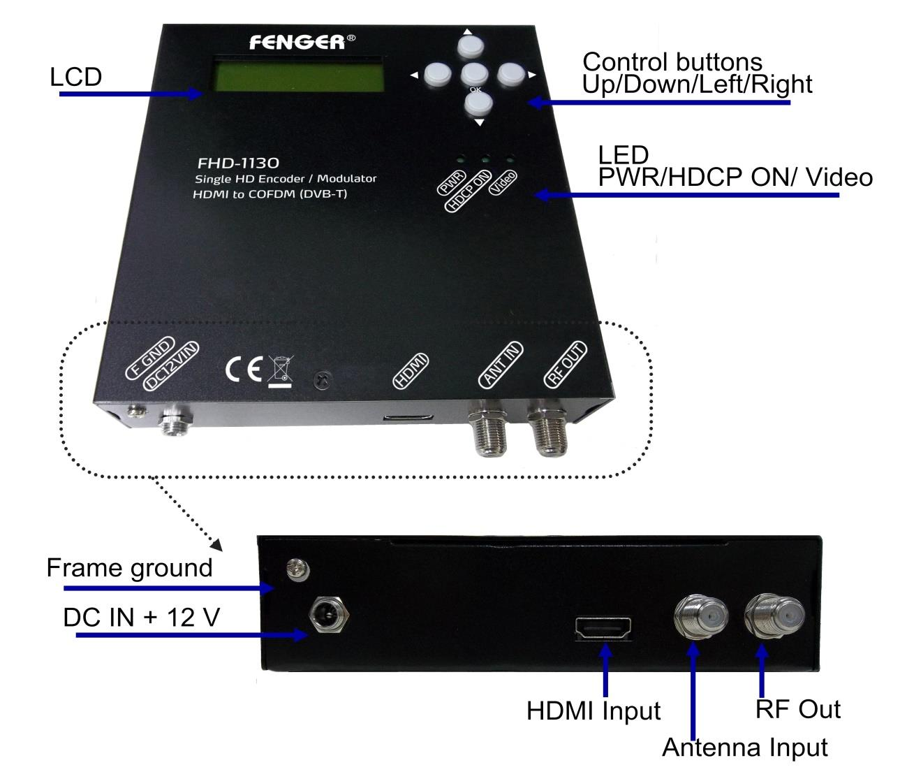 INTRODUCTION General Description Main Features FENGER s FHD-1130 is a High Definition DVB-T modulator with single HDMI input which provides COFDM RF signal output in frequenc range 100 MHz to 860 MHz.