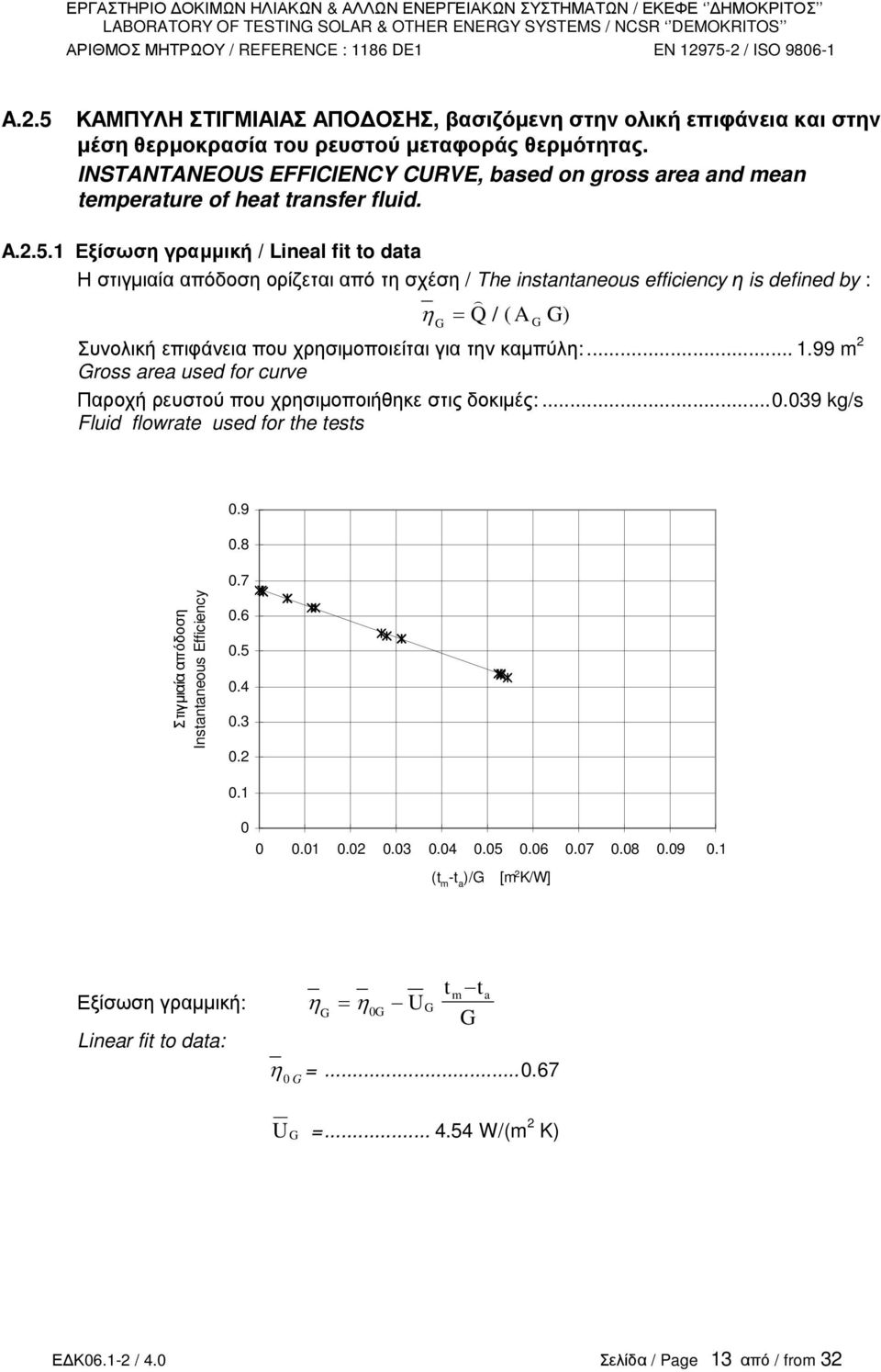 1 Εξίσωση γραµµική / Lineal fi o daa Η στιγµιαία απόδοση ορίζεται από τη σχέση / The insananeous efficiency η is defined by : = Q ) / ( A ) η Συνολική επιφάνεια που χρησιµοποιείται για την καµπύλη:.