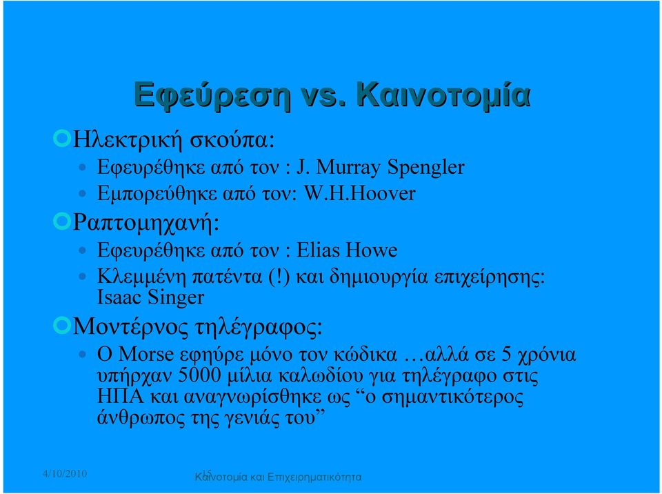 ) και δημιουργία επιχείρησης: Isaac Singer Μοντέρνος τηλέγραφος: Ο Morse εφηύρε μόνο τον κώδικα αλλά σε 5 χρόνια