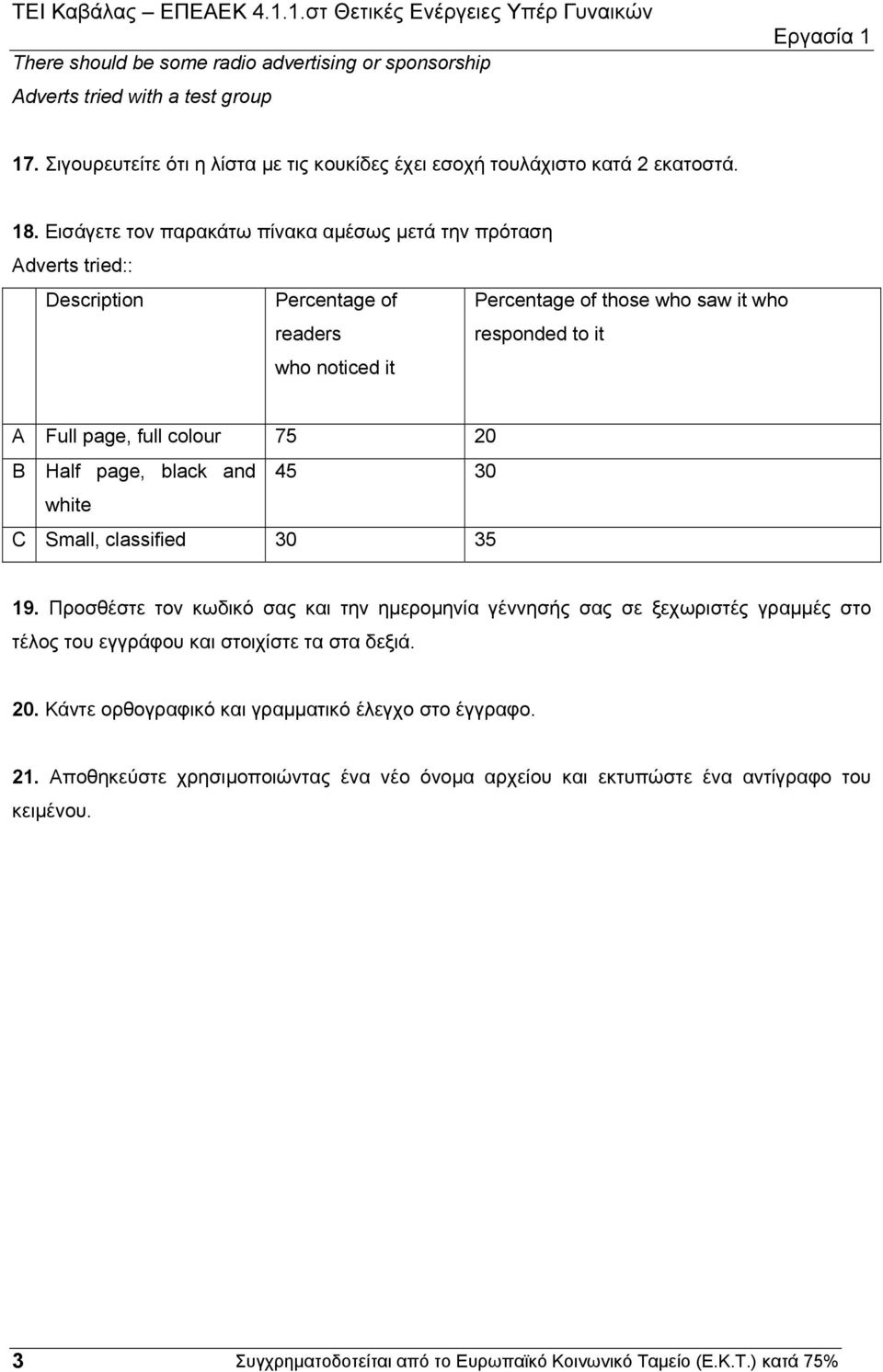 page, full colour 75 20 B Half page, black and 45 30 white C Small, classified 30 35 19.