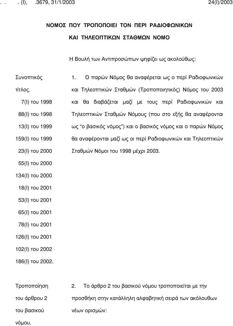 Ο παρών Νόμος θα αναφέρεται ως ο περί Ραδιοφωνικών και Τηλεοπτικών Σταθμών (Τροποποιητικός) Νόμος του 2003 και θα διαβάζεται μαζί με τους περί Ραδιοφωνικών και Τηλεοπτικών Σταθμών Νόμους (που στο