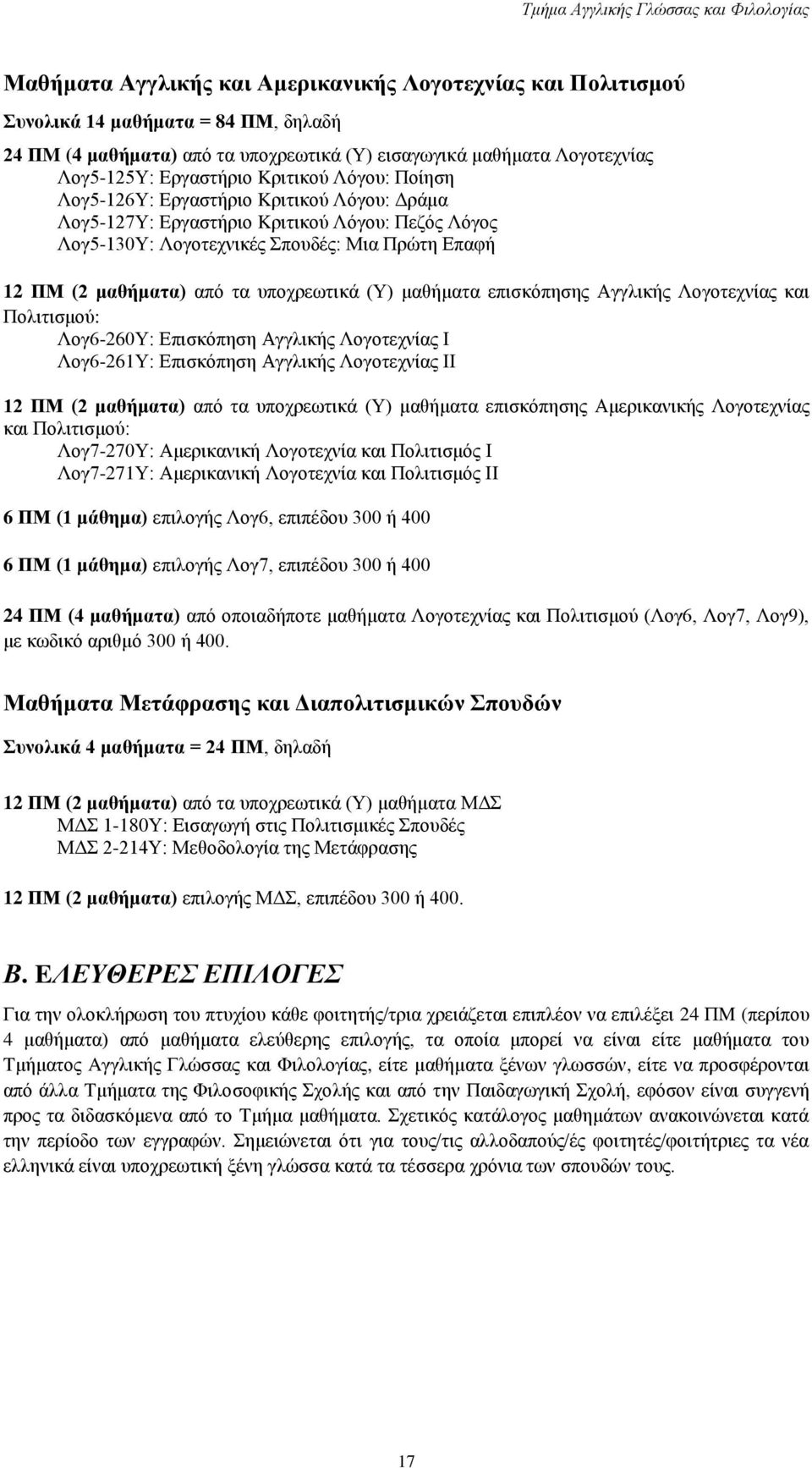 υποχρεωτικά (Υ) μαθήματα επισκόπησης Αγγλικής Λογοτεχνίας και Πολιτισμού: Λογ6-260Υ: Επισκόπηση Αγγλικής Λογοτεχνίας Ι Λογ6-261Υ: Επισκόπηση Αγγλικής Λογοτεχνίας ΙΙ 12 ΠΜ (2 μαθήματα) από τα