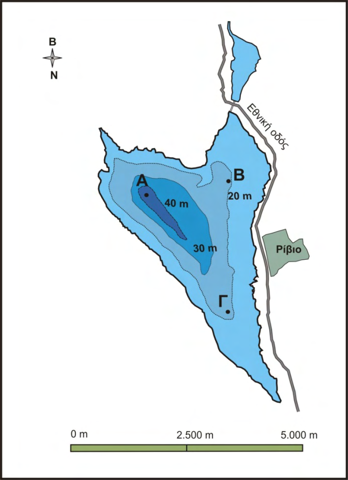ΚΕΦΑΛΑΙΟ 2 Στη λίμνη Αμβρακία επιλέχθηκαν τρείς σταθμοί Α, Β, και Γ με μέγιστα βάθη 50, 22 και 21 m, αντίστοιχα (Εικ. 2.2).