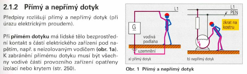 Priamy a nepriamy dotyk Pri priamom dotyku má ľudské telo bezprostredný kontakt s časťami el. zariadenia pod napätím, napr. s neizolovaným vodičom (obr. a).