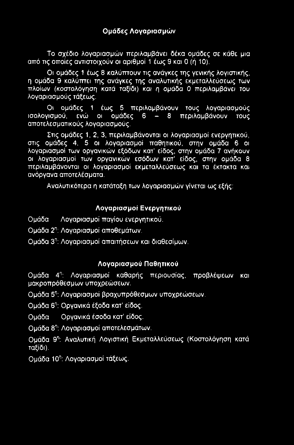 Ομάδες Λογαριασμών Το σχέδιο λογαριασμών περιλαμβάνει δέκα ομάδες σε κάθε μια από τις οποίες αντιστοιχούν οι αριθμοί 1 έως 9 και 0 (ή 10).