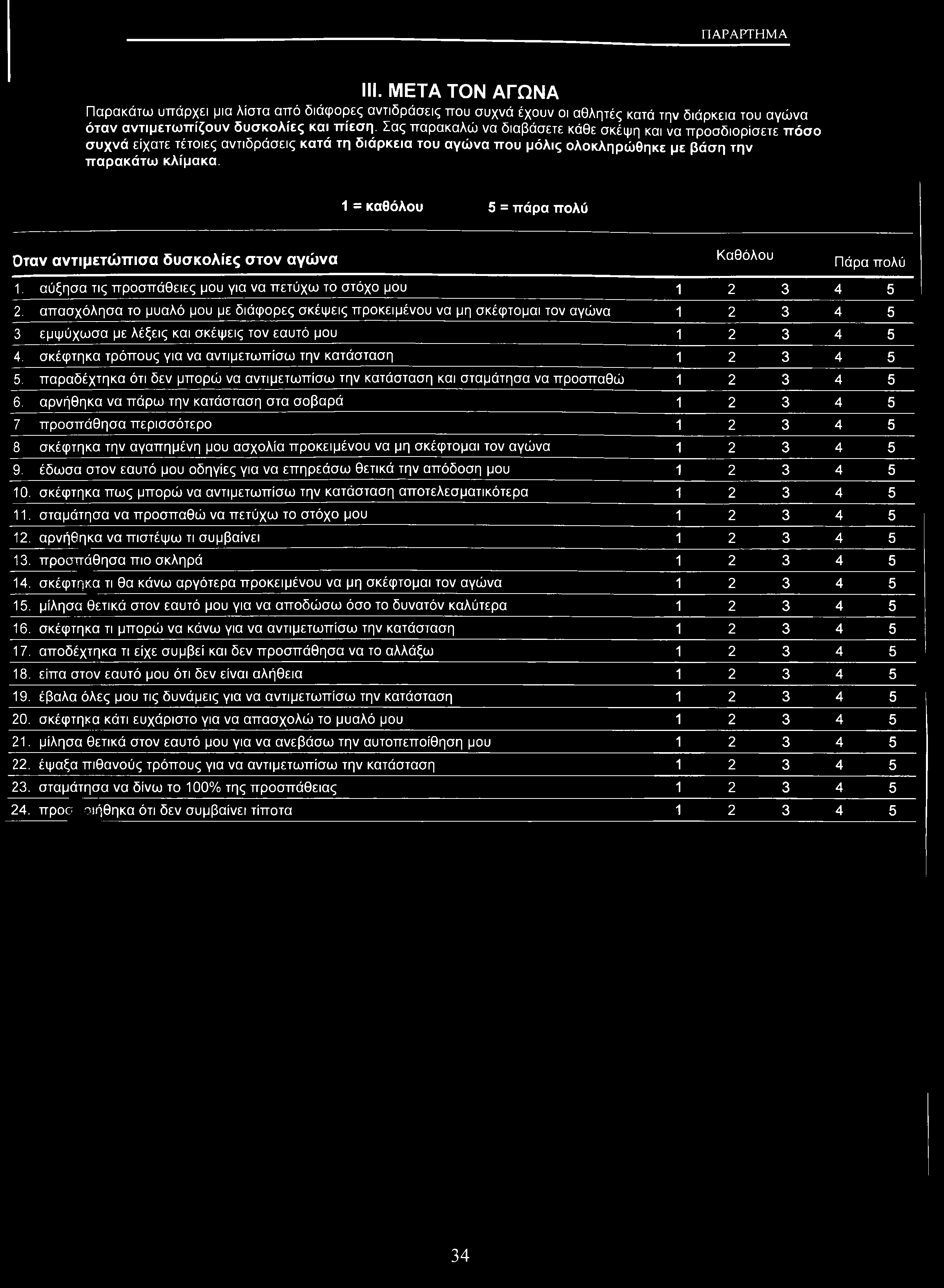 ΠΑΡΑΡΤΗΜΑ III. ΜΕΤΑ ΤΟΝ ΑΓΩΝΑ Παρακάτω υπάρχει μια λίστα από διάφορες αντιδράσεις που συχνά έχουν οι αθλητές κατά την διάρκεια του αγώνα όταν αντιμετωπίζουν δυσκολίες και πίεση.