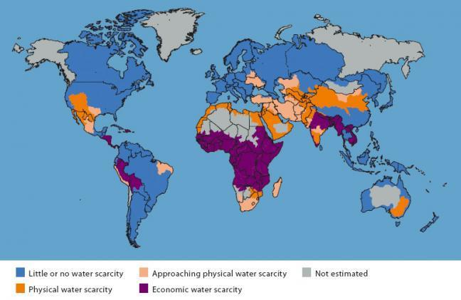 Ακόμη και χώρες με σχετική φυσική επάρκεια νερού, θα χρειαστούν σημαντικές επενδύσεις για να την εξασφάλισή του αντιμετωπίζοντας έλλειψη οικονομικών πόρων [Economic Water Scarcity] (εικόνα 2).