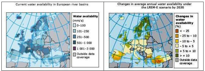 Εικόνα 3: Παρούσα διαθεσιμότητα νερού και αναμενόμενες αλλαγές έως το 2030 (ΕΕΑ, 2005) Στη νότια Ευρώπη ένας συνδυασμός μειωμένων βροχοπτώσεων και αυξανόμενης εξάτμισης, λόγω ανόδου θερμοκρασίας,