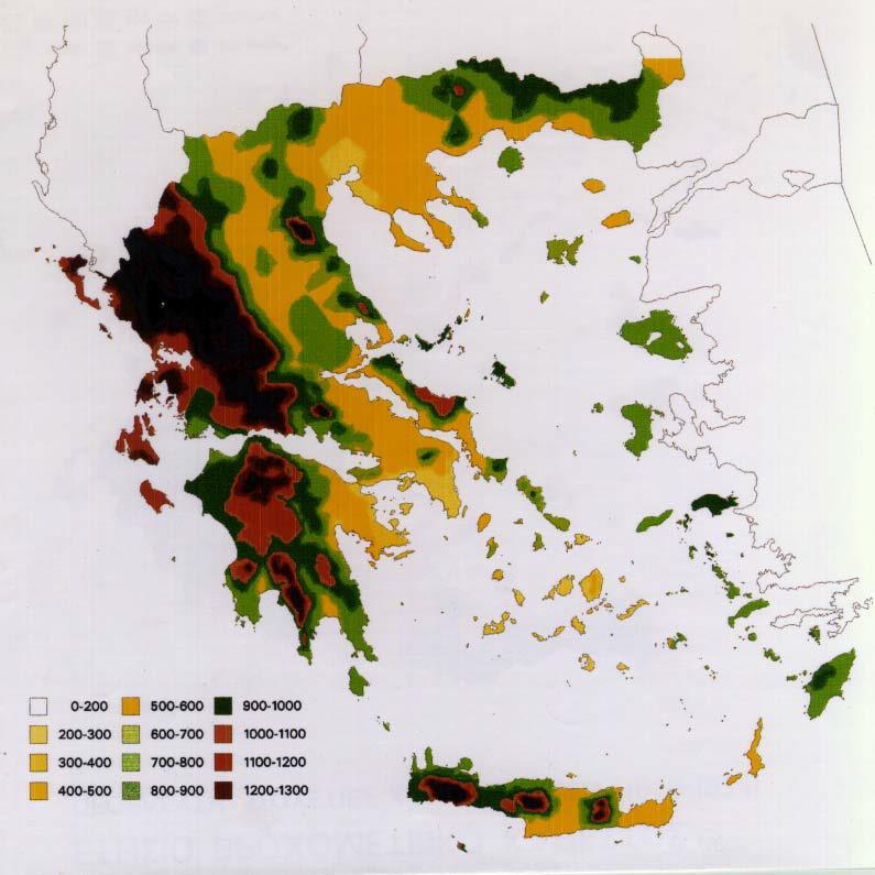 Έτσι, ενώ στη δυτική Ελλάδα η μέση ετήσια βροχόπτωση ξεπερνά τα 1.200mm (και τοπικά τα 1.500mm) στην Αττική και τις Κυκλάδες αυτή φτάνει μόλις τα 400mm.