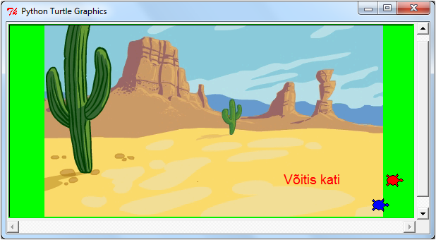 Animatsioon Näide: Suur võidujooks Programm demonstreerib lihtsamaid võimalusi animatsiooni realiseerimiseks turtle graafikavahenditega, aga isaks ka muud: tausta pildi lisamine, objekti sidumine
