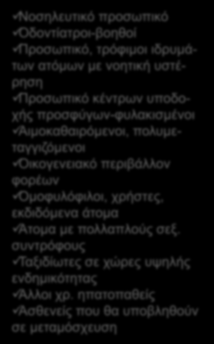 1982: οδηγίες για εμβολιασμό ομάδων υψηλού κινδύνου 1993: αρχή πανελλαδικής καμπάνιας για καθολικό εμβολιασμό των νεογνών και των εφήβων (Ελληνικές Εταιρείες Παιδιάτρων και Μελέτης Ήπατος) οι