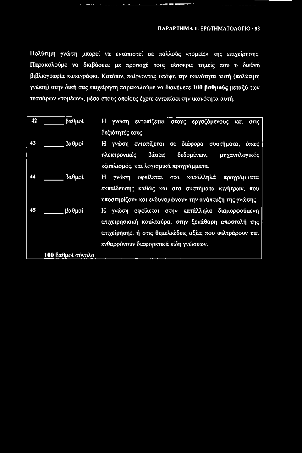 ΠΑΡΑΡΤΗΜΑ 1: ΕΡΩΤΗΜΑΤΟΛΟΓΙΟ / 83 Πολύτιμη γνώση μπορεί να εντοπιστεί σε πολλούς «τομείς» της επιχείρησης. Παρακαλούμε να διαβάσετε με προσοχή τους τέσσερις τομείς που η διεθνή βιβλιογραφία καταγράφει.