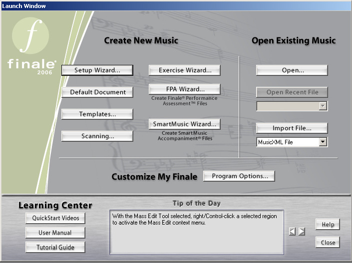Εικόνα 21 Κάτω από τον τίτλο Open Existing Music έχουµε τις εξής επιλογές: Open: Άνοιγµα προϋπάρχοντος αρχείου. Open Recent File: Άνοιγµα των πιο πρόσφατων αρχείων.