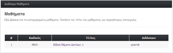 Η επιβεβαίωση της προσθήκης του νέου μαθήματος μπορεί να γίνει επίσης με την επιλογή του συνδέσμου Μαθήματα του παραπάνω μηνύματος ή με την επιλογή του συνδέσμου Διαθέσιμα Μαθήματα από το panel