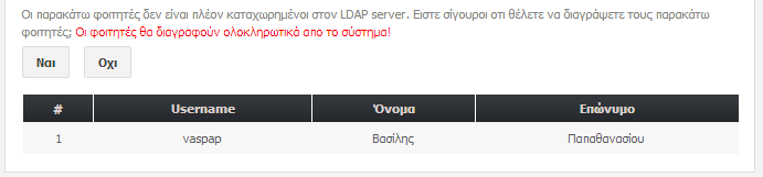 Εικόνα 20: Συγχρονισμός με LDAP server Εάν ο χρήστης επιλέξει το κουμπί Sync τότε, πραγματοποιείται αναζήτηση σε όλες τις εγγραφές του πίνακα student κάθε μία από τις οποίες ελέγχεται για την