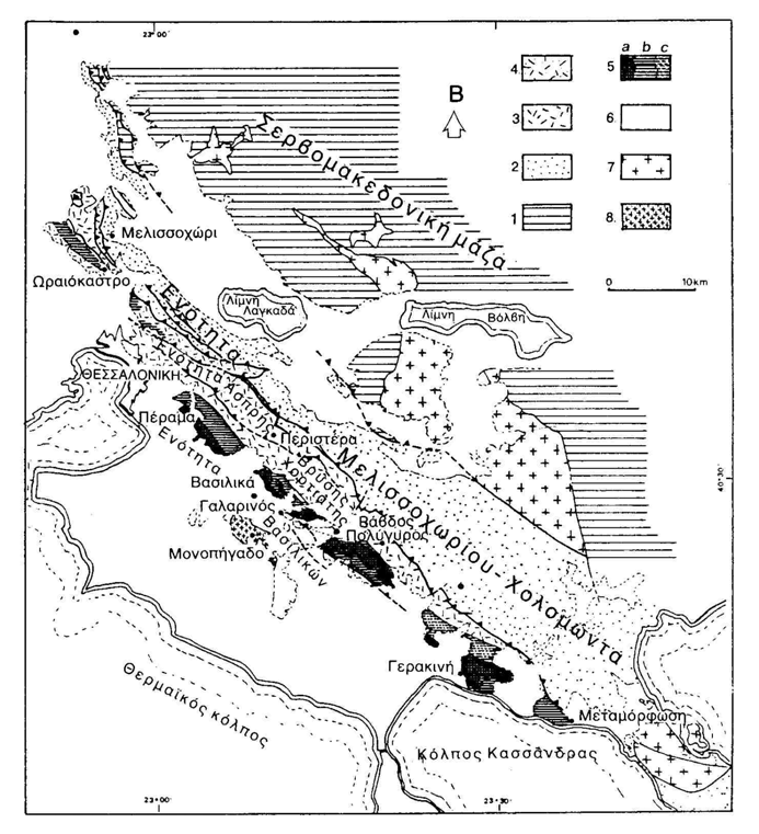 Σχήμα 5. Χάρτης ενοτήτων Περιροδοπικής ζώνης στη Χαλκιδική (Kockel and Mollat, 1976).