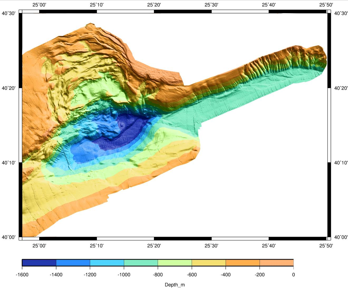 Εικ. 3.6: Aνάγλυφος (shaded relief) βαθυμετρικός χάρτης του ανατολικού τμήματος της Τάφρου του Β.