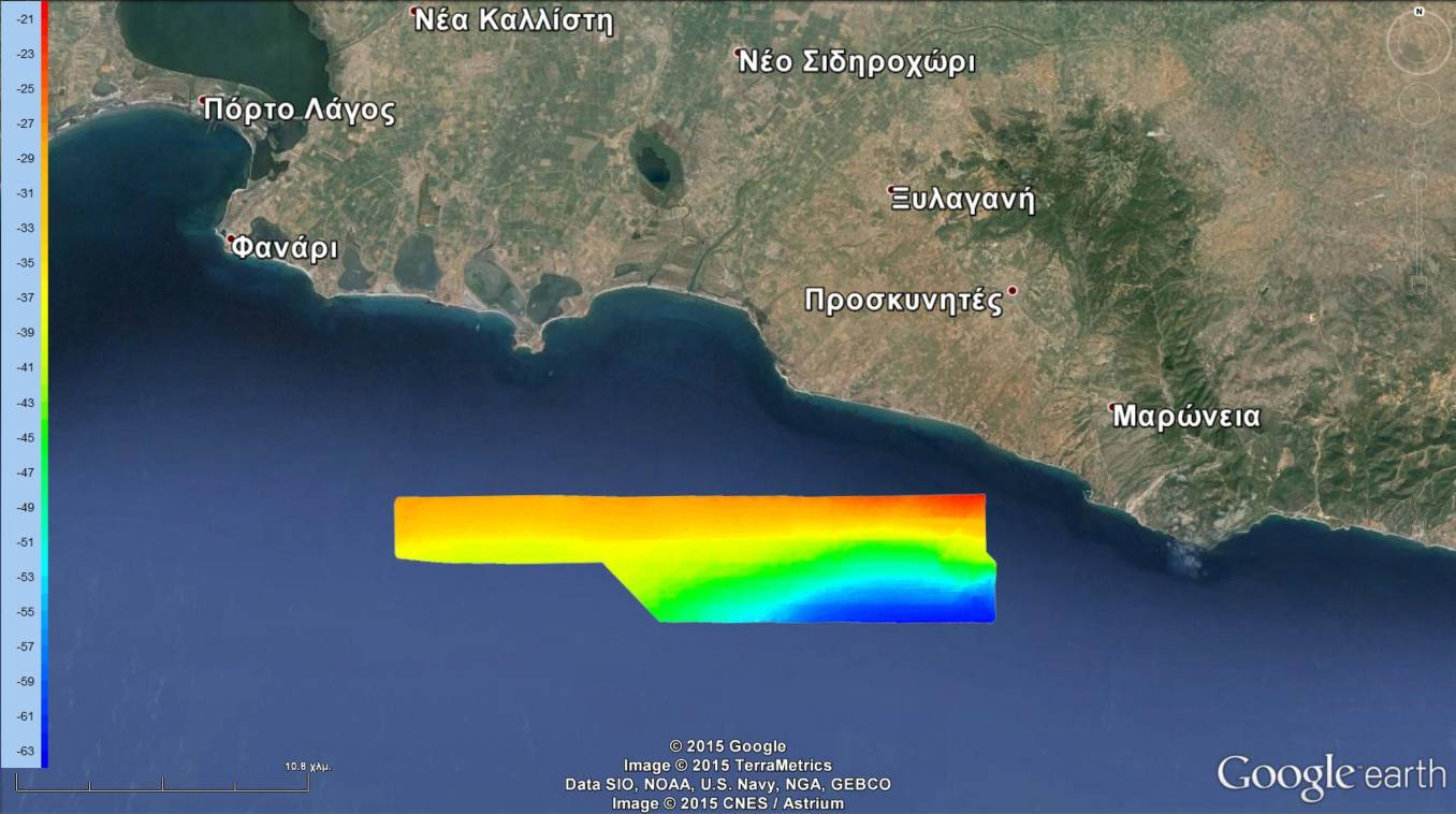 3.4.2 Πόρτο Λάγος-Φανάρι και Κόλπος Ιερισσού Η βαθυμετρική απεικόνιση του ρηχού τμήματος ανατολικά του Πόρτο Λάγους-Φαναρίου (Εικ. 3.