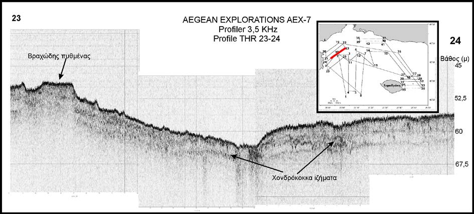 Εικ. 4.2.4: Αδρόκοκκα ιζήματα στον πυθμένα της περιοχής βόρεια της νήσου Θάσου στην τομογραφία 23-24. Στην περιοχή δυτικά της Θάσου όπου έγιναν οι σεισμικές τομογραφίες 20-21 έως και 25-26 (Εικ. 4.2.1) φαίνεται ότι ο πυθμένας καλύπτεται και εκεί από πολύ χονδρόκοκκα ιζήματα σε βάθη μικρότερα των 80 μέτρων, ενώ δεν εντοπίζονται ίχνη από παλαιότερες κοίτες ποταμοχειμάρων (Εικ.