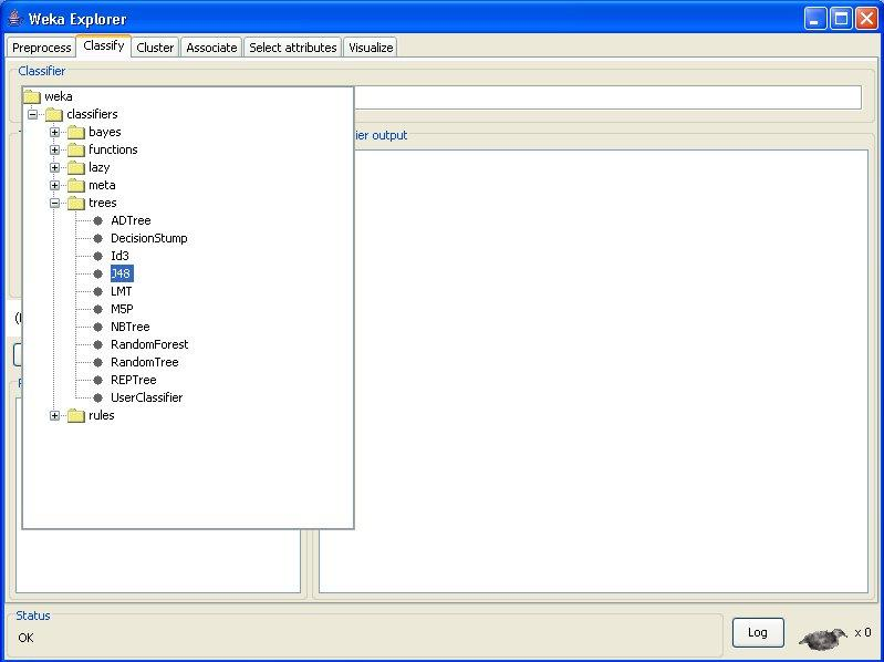 128 Σχήμα 5.13 Επιλογή του ταξινομητή J48 Κατόπιν πατώντας το κουμπί Start το πρόγραμμα αρχίζει να δημιουργεί το «δέντρο».