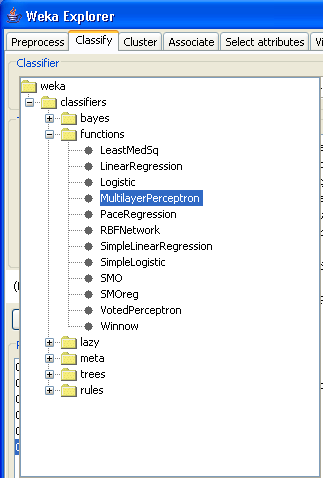 136 Σχήμα 5.20 Επιλογή του ταξινομητή MultilayerPerceptron Κάνοντας δεξί κλικ πάνω στη θέση πάνω στον ταξινομητή, εμφανίζεται το παράθυρο του σχήματος 5.21.