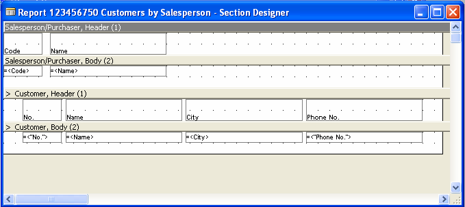 26. Δπαλαιακβάλνπκε ηα βήκαηα 22-25 γηα ην Customer body section. Δηζάγνπκε ηα πεδία No., Name, City θαη Phone No. απφ ηνλ πίλαθα Customer.