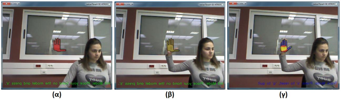 Ενότητα 3.1: Εφαρμογή "3D Hand Tracking" ανθρώπινου χεριού (δ). Τέλος το εικονικό χέρι αναπαρίσταται από ένα σύνολο με καταλληλά συναρμολογημένα γεωμετρικά σχήματα (ε).