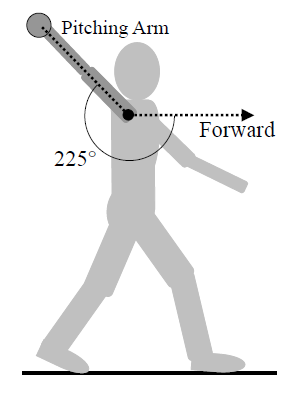 3. A softball player is pitching the ball. At stride foot contact, her pitching arm is inclined 5 clockwise of forward (see figure) and is rotating counterclockwise at 100 /s.