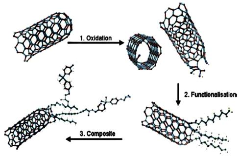 ΚΕΦΑΛΑΙΟ 1 Εικόνα 1.17: Δηάθνξα ζηάδηα ηξνπνπνίεζεο ηωλ CNT. Από ηελ νμείδωζε, ζηελ αλάπηπμε ιεηηνπξγηθώλ νκάδωλ θαη ζηε ζύλζεζε ηνπ ηειηθνύ πιηθνύ.