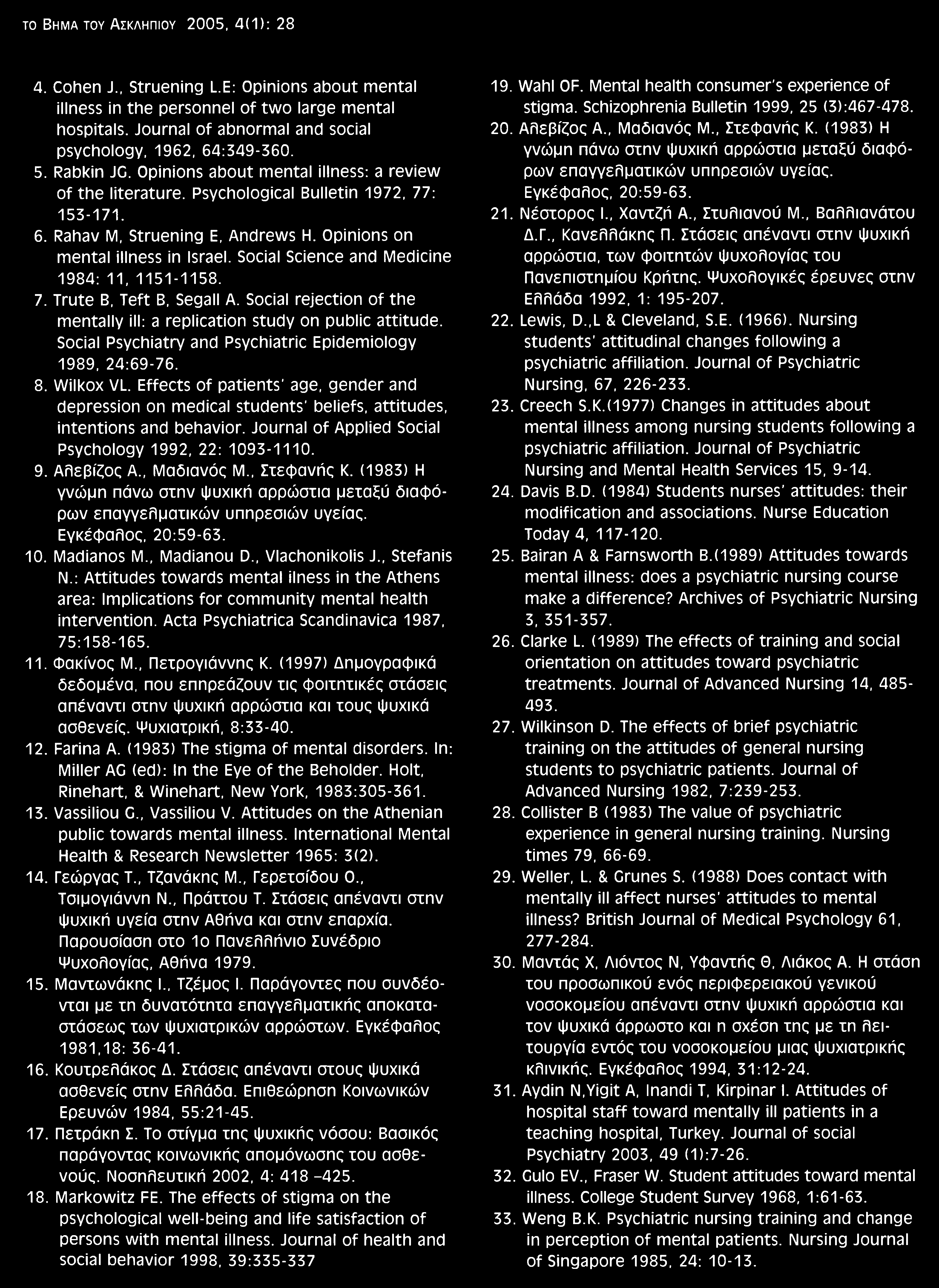 το Bhma toy Ασκληπιού 2005, 4(1): 28 4. Cohen J., Struening L.E: Opinions about mental illness in the personnel of two large mental hospitals.