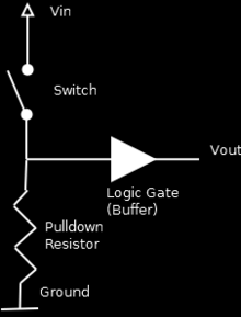 Σχήμα 3.5-Σύνδεση Pull-down αντίστασης- 3.2.2.Σύνδεση LED Για την σύνδεση των τριών LED χρειάζονται τρεις αντιστάσεις των 220 Ω για κάθε αντίστοιχο LED.Η αντίσταση συνδέεται σε σειρά με το LED.