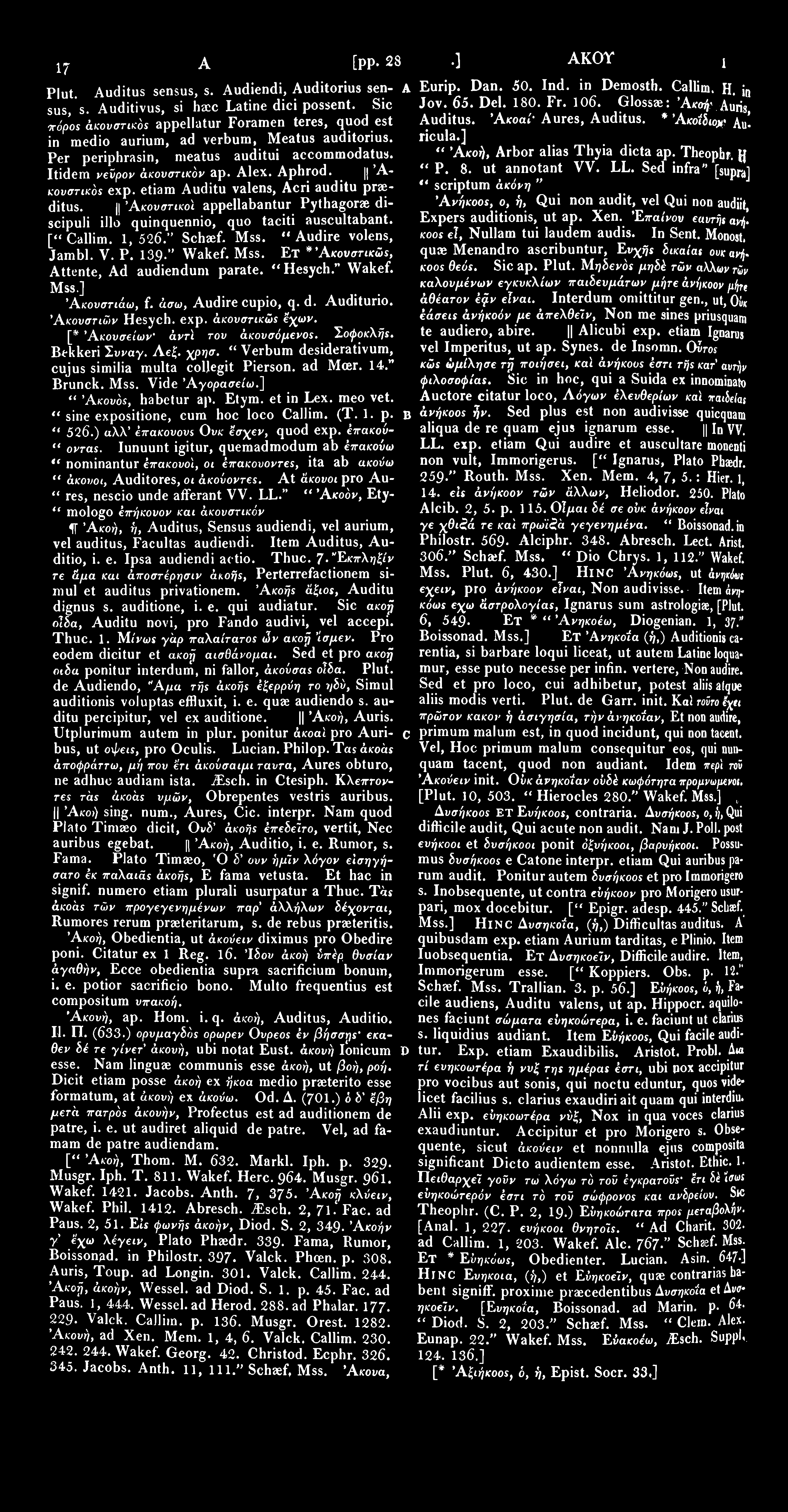 1737 Ακον [pp. 2 8 8 2 8 6. ] ΑΚΟΥ 1/38 Plut. Auditus sensus, s. Audiendi, Auditorius sen- A Eurip. Dan. 50. Ind. in Demosth. Callim. H. in Jov. 65. Del. 180. Fr. 106. Glossae: Άκοήν Auris sus, s.