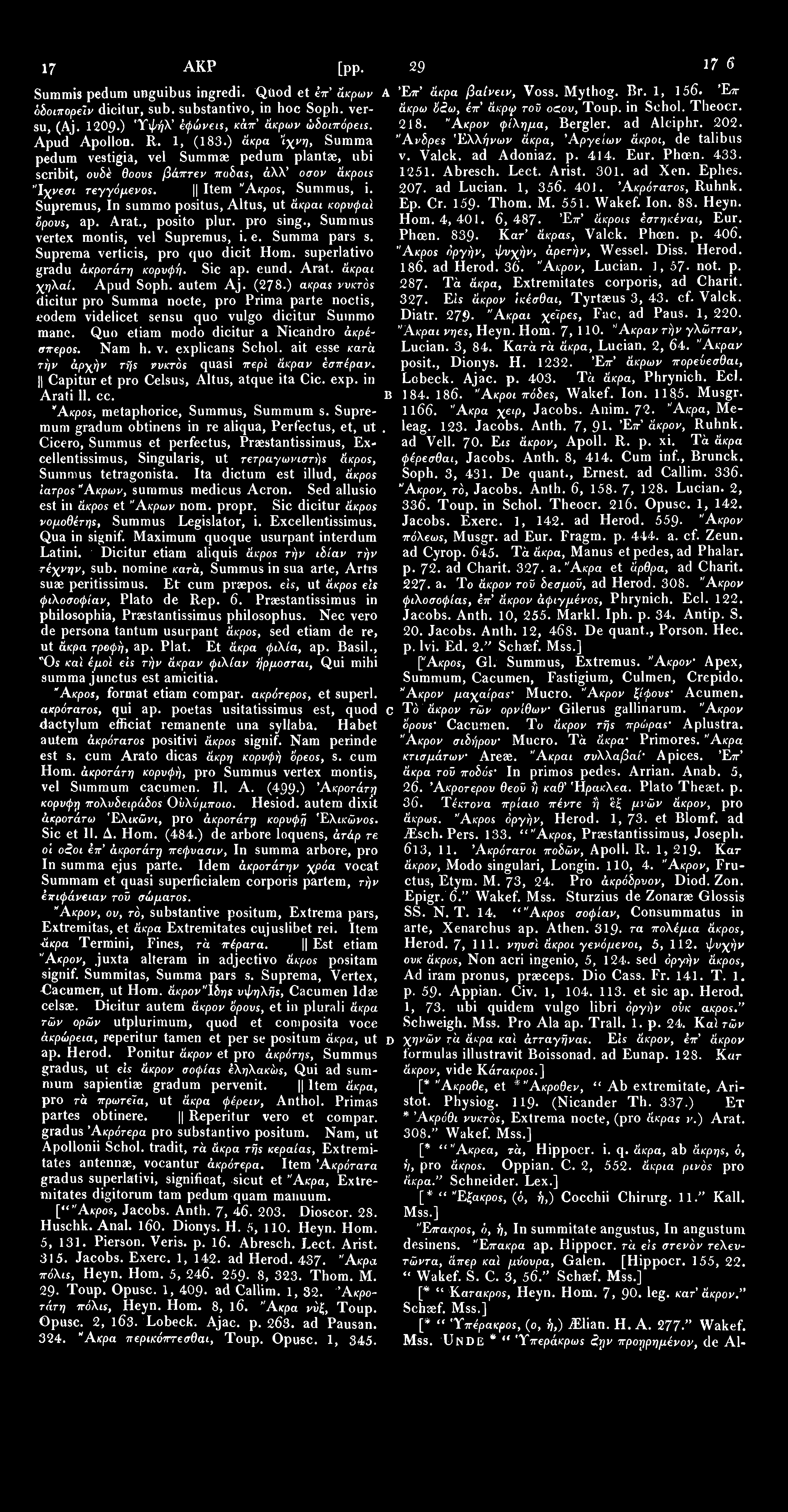 1763 ΑΚΡ [pp. 298 296.] AKP 1764 Summis pedum unguibus ingredi. Quod et Ιπ άκρων A Έπ' άκρα βαίνειν, Voss. Mythog. Br. 1, 156 Έττ όδοιπορείν dicitur, sub. substantivo, in hoc Soph, versu, (Aj. I2O9.