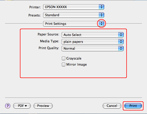 Εκτύπωση G Επιλέξτε το στοιχείο Print Settings (Ρυθμίσεις εκτύπωσης) από το αναδυόμενο μενού. H Πραγματοποιήστε τις ρυθμίσεις που θέλετε να χρησιμοποιήσετε για την εκτύπωση.