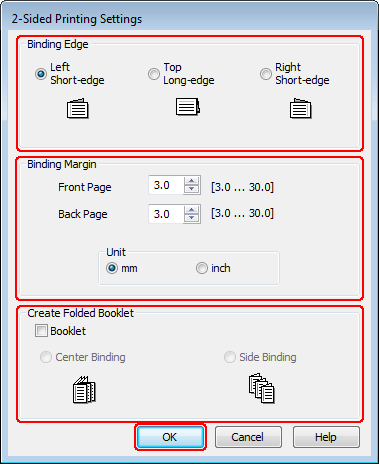 Εκτύπωση C Κάντε κλικ στην επιλογή Settings (Ρυθμίσεις) για να ανοίξει το παράθυρο 2-Sided Printing Settings (Ρυθμίσεις εκτύπωσης διπλής όψης).