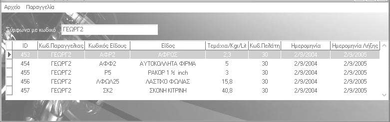 6.7 Αρχείο παλιών παραγγελιών πελάτη. Επιλέγοντας τον πελάτη που επιθυμούμε, μπορούμε να δούμε εάν έχει στο παρελθόν κάνει κάποια παραγγελία.