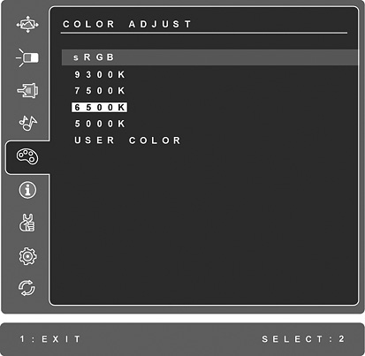 Χειριστήρια Επεξήγηση Color Adjust (Ρύθμιση Χρώματος) προσφέρει αρκετές λειτουργίες ρύθμισης χρώματος, που περιλαμβάνουν προεπιλεγμένες θερμοκρασίες χρώματος και μία λειτουργία Χρώματος Χρήστη που