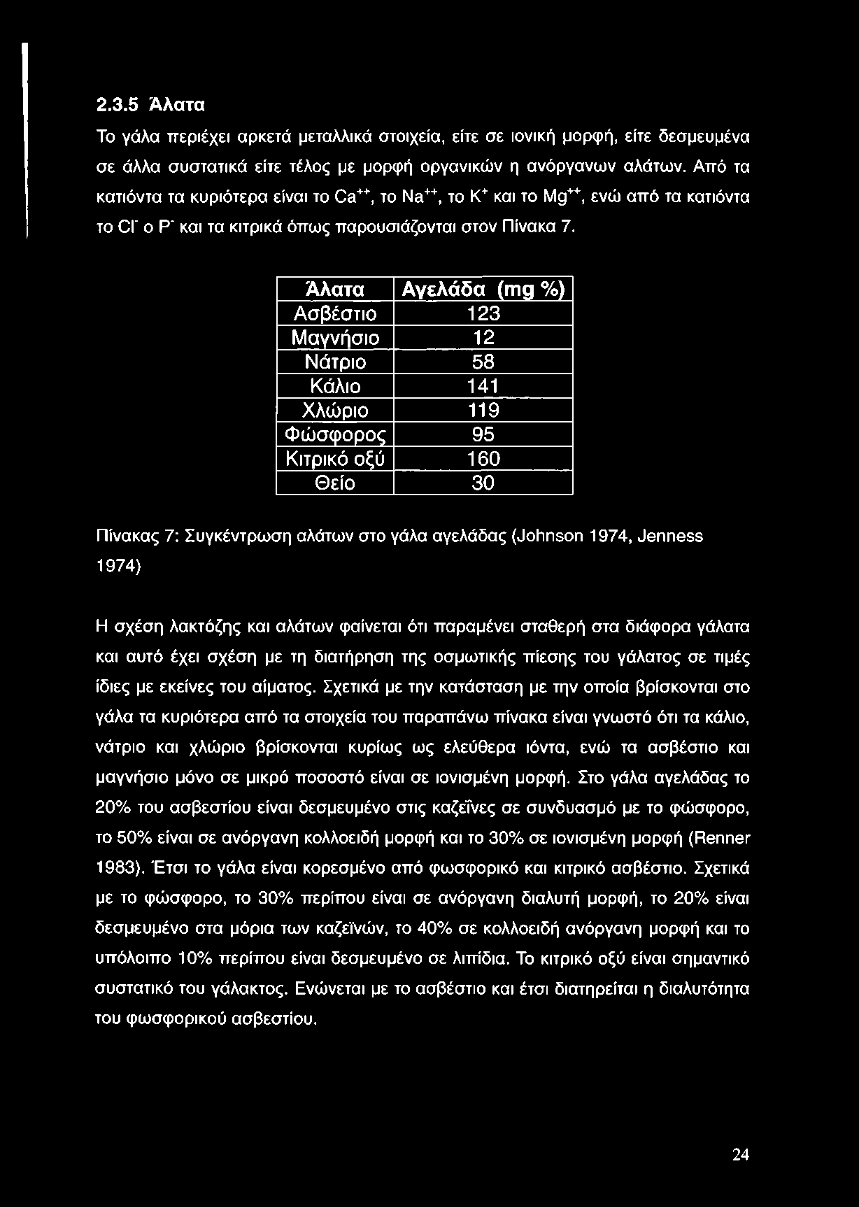 2.3.5 Άλατα Το γάλα περιέχει αρκετά μεταλλικά στοιχεία, είτε σε ιονική μορφή, είτε δεσμευμένα σε άλλα συστατικά είτε τέλος με μορφή οργανικών η ανόργανων αλάτων.