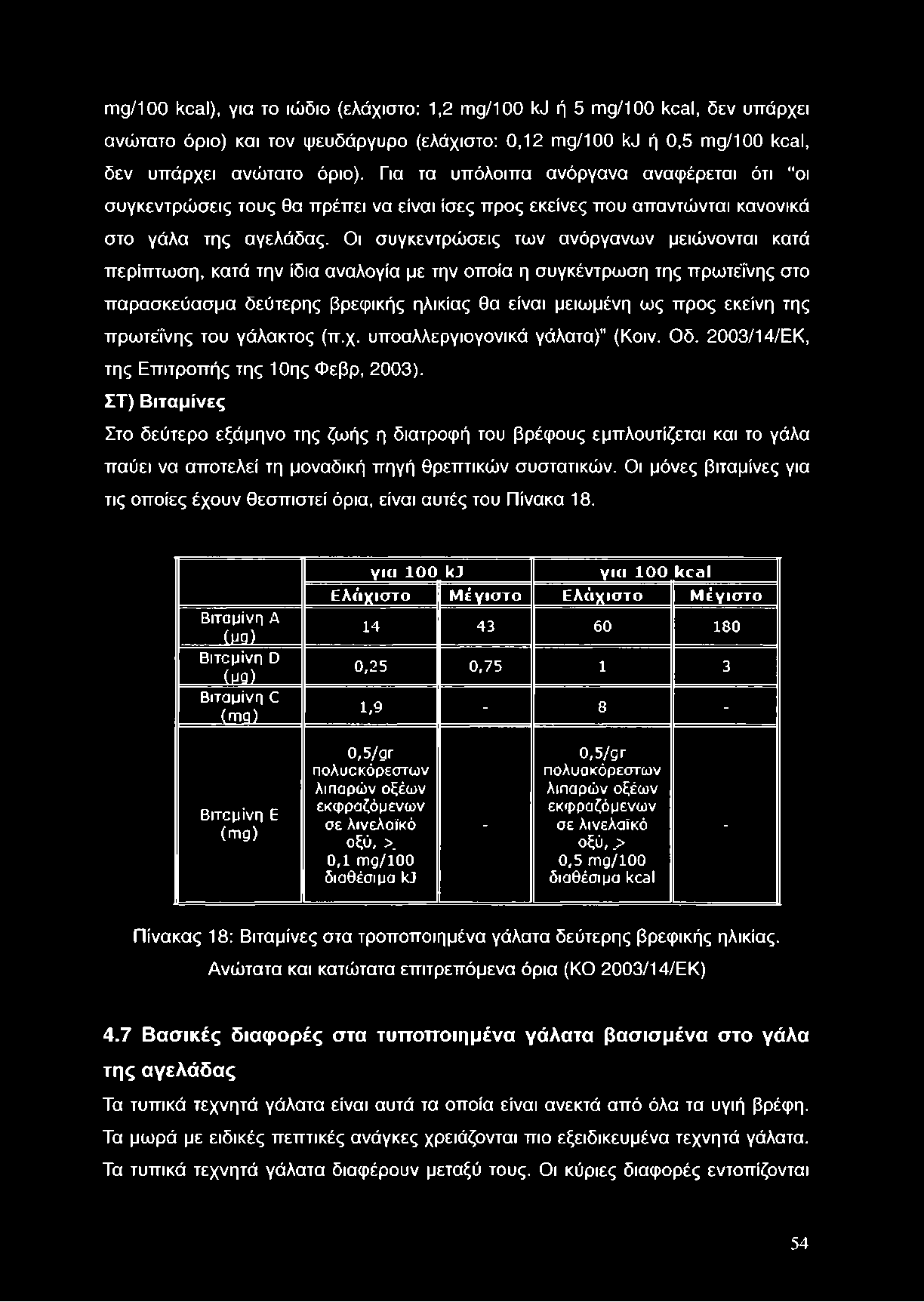 mg/100 kcal), για το ιώδιο (ελάχιστο: 1,2 mg/100 kj ή 5 mg/100 kcal, δεν υπάρχει ανώτατο όριο) και τον ψευδάργυρο (ελάχιστο: 0,12 mg/100 kj ή 0,5 mg/100 kcal, δεν υπάρχει ανώτατο όριο).