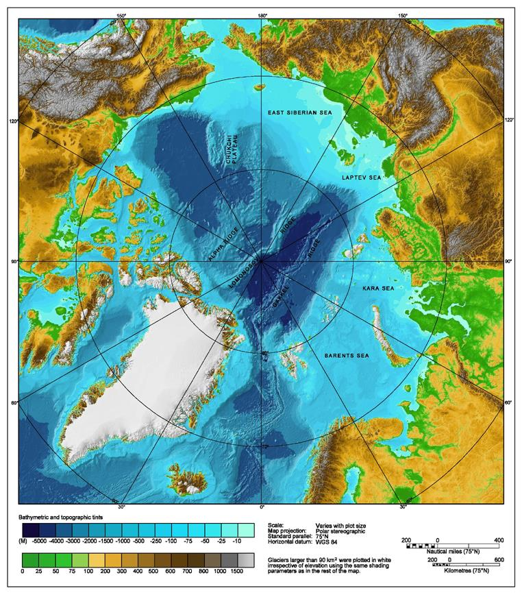 Εικόνα 6: Το γεωγραφικό αλλά και υποθαλάσσιο ανάγλυφο του Αρκτικού Ωκεανού. 2.