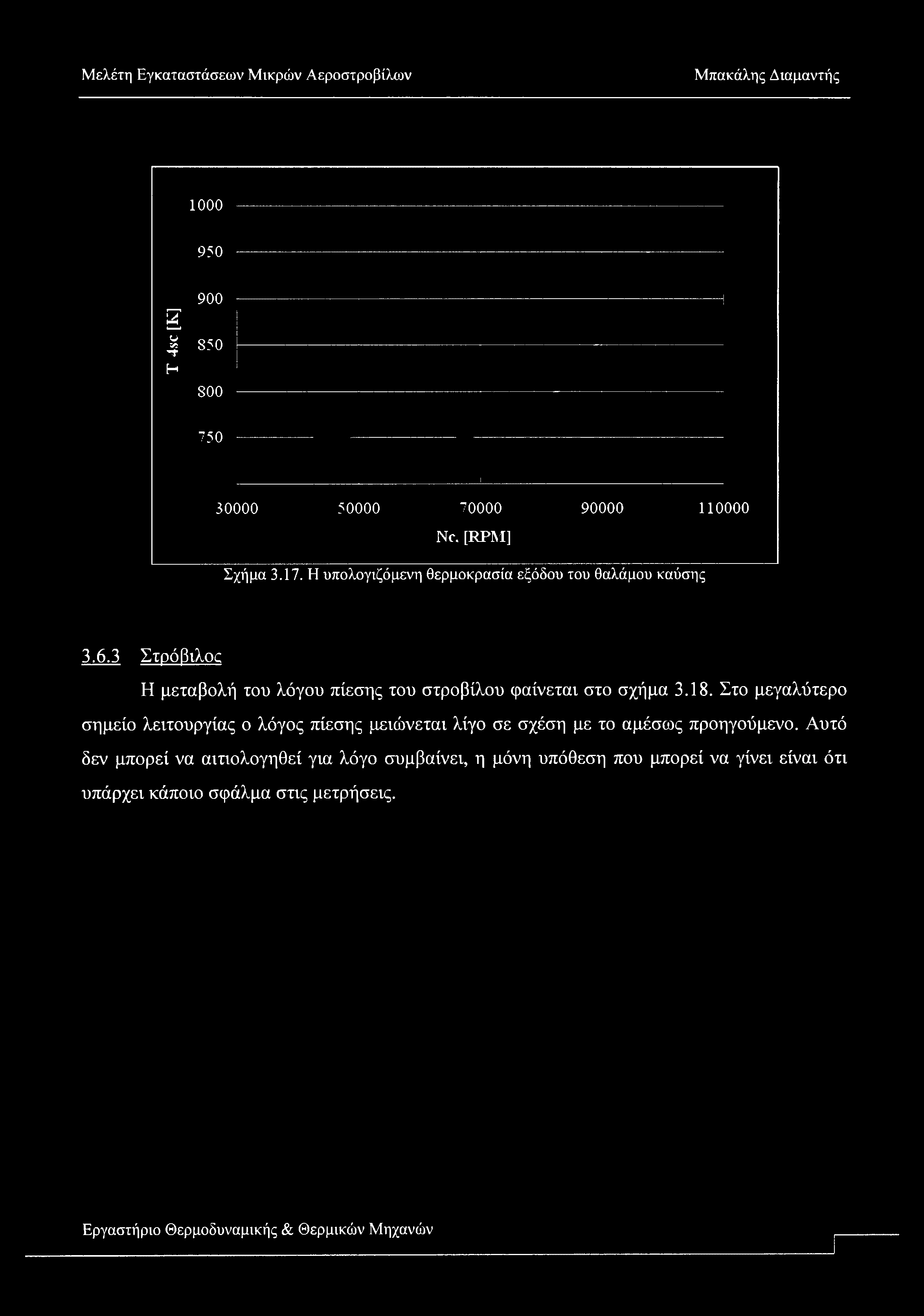 1000 950 900 g I 850 Η 800 750 30000 50000 70000 90000 110000 Nc. [RPM] Σχήμα 3.17. Η υπολογιζόμενη θερμοκρασία εξόδου του θαλάμου καύσης 3.6.