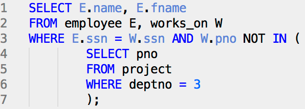 SQL IN - SELECT 33 Βρείτε τα ονοματεπώνυμα όλων των υπαλλήλων που εργάζονται σε project που δεν ελέγχεται από το τμήμα 3 (DEPNO = 3) Προσοχή εδώ μπορεί να εμφανιστούν
