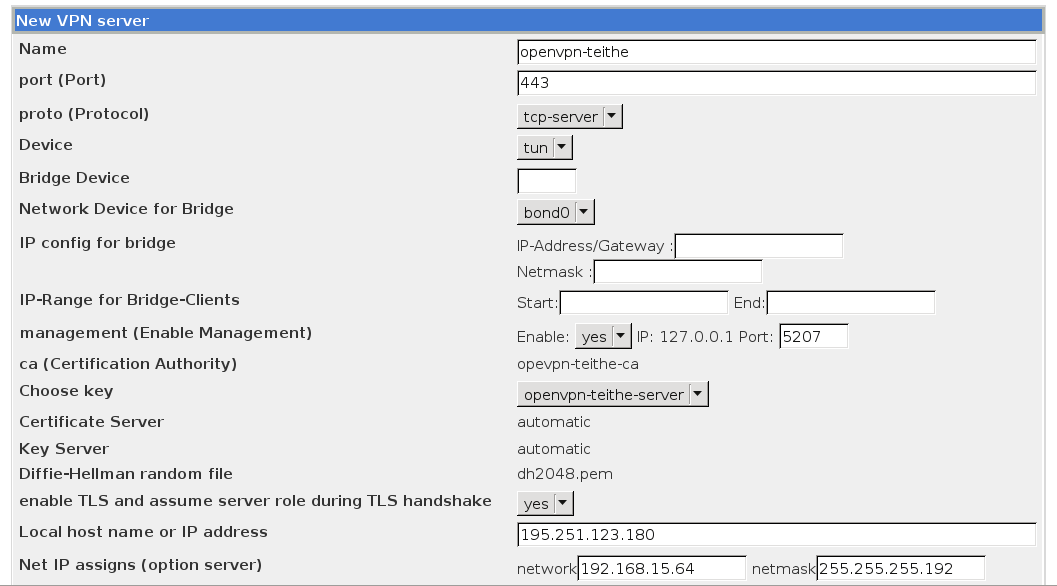 enable TLS and assume server role during TLS handshake : Επιλέγοντας Yes ενεργοποιείται η επιλογή tls-server υποχρεώνοντας τον ΟpenVPN server να χρησιμοποιεί τα πιστοποιητικά του SSL και να