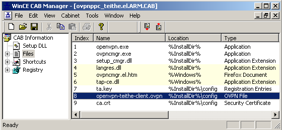 Επιπλέον χρησιμοποιήθηκε η εφαρμογή WinCE CAB Manager της εταιρίας OCP Software, η οποία διαχειρίζεται ( διαβάζει και γράφει ) τη μορφή αρχείου τύπου CAB που χρησιμοποιείται για την εγκατάσταση